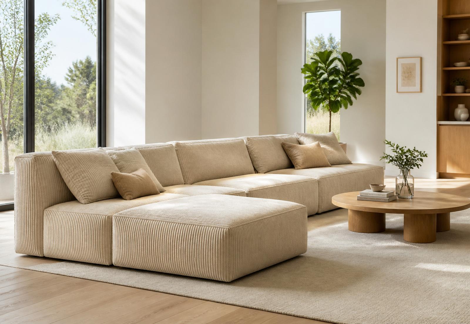 A plush beige corduroy modular sectional sofa in a sunlit minimalist living room