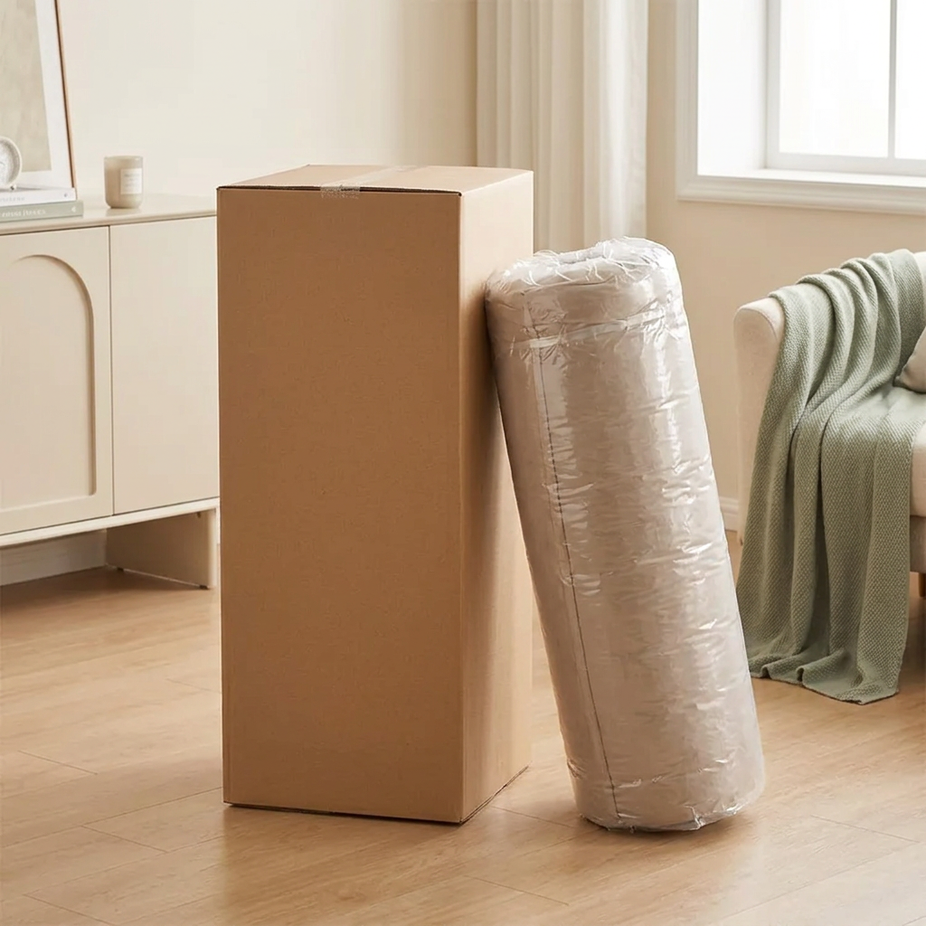 Compressed sofa packaged inside a tall cardboard delivery box.