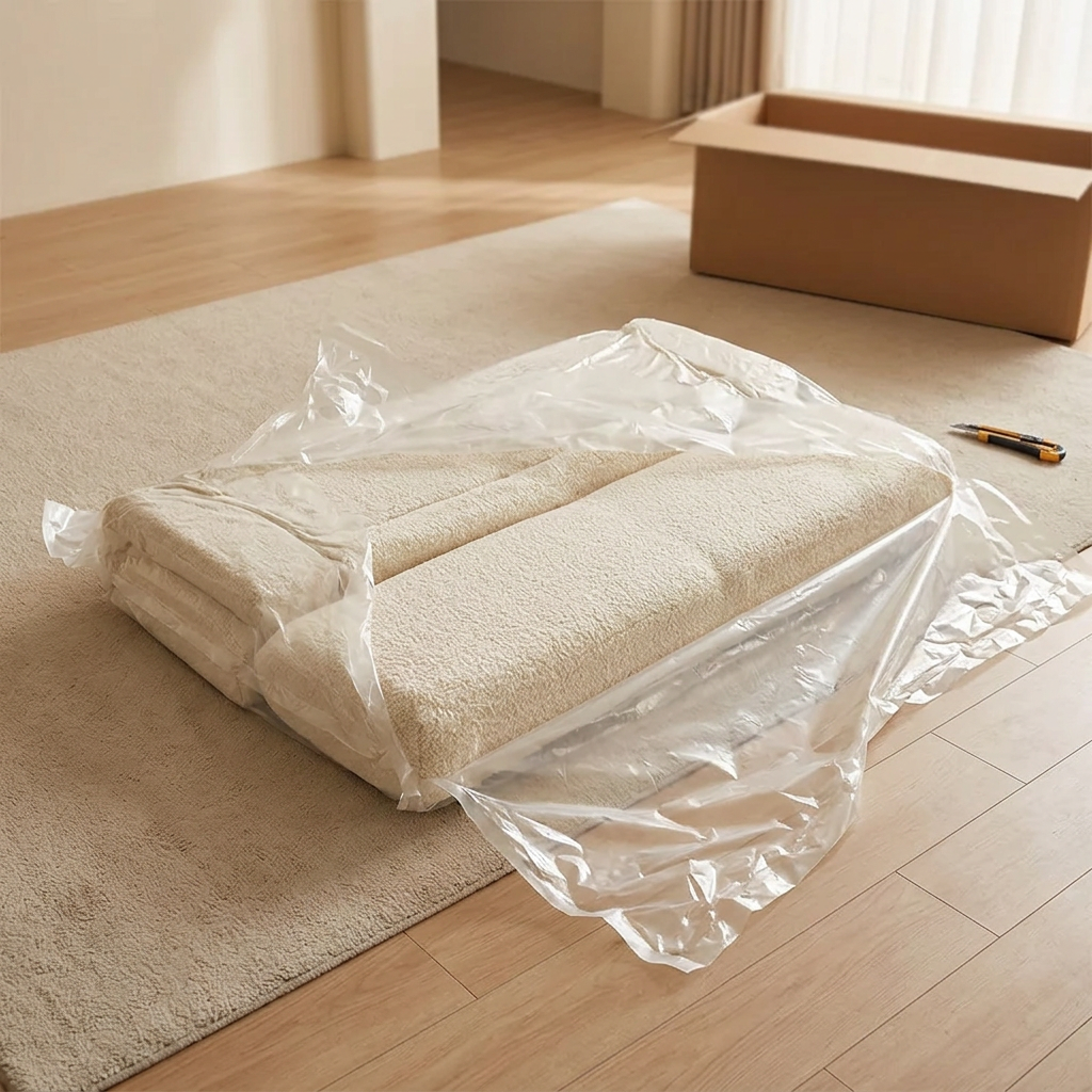 The vacuum-sealed sofa being opened as the foam begins to expand.